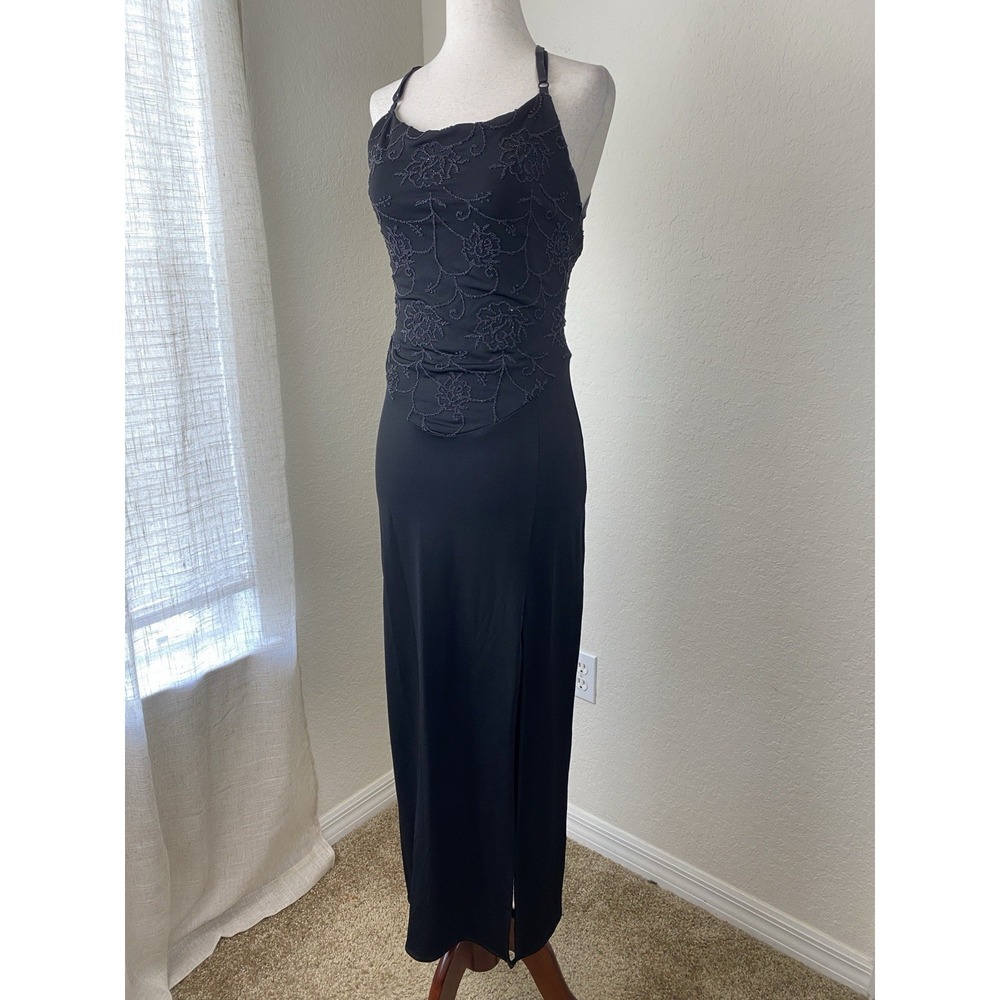 Vtg Y2K Peep S Dress Whimsigoth Black Midi Long Romantic Evening Witchy